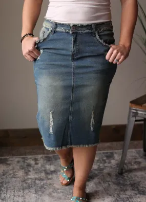 Distressed Fray Edge Hem Stretch Denim Skirt