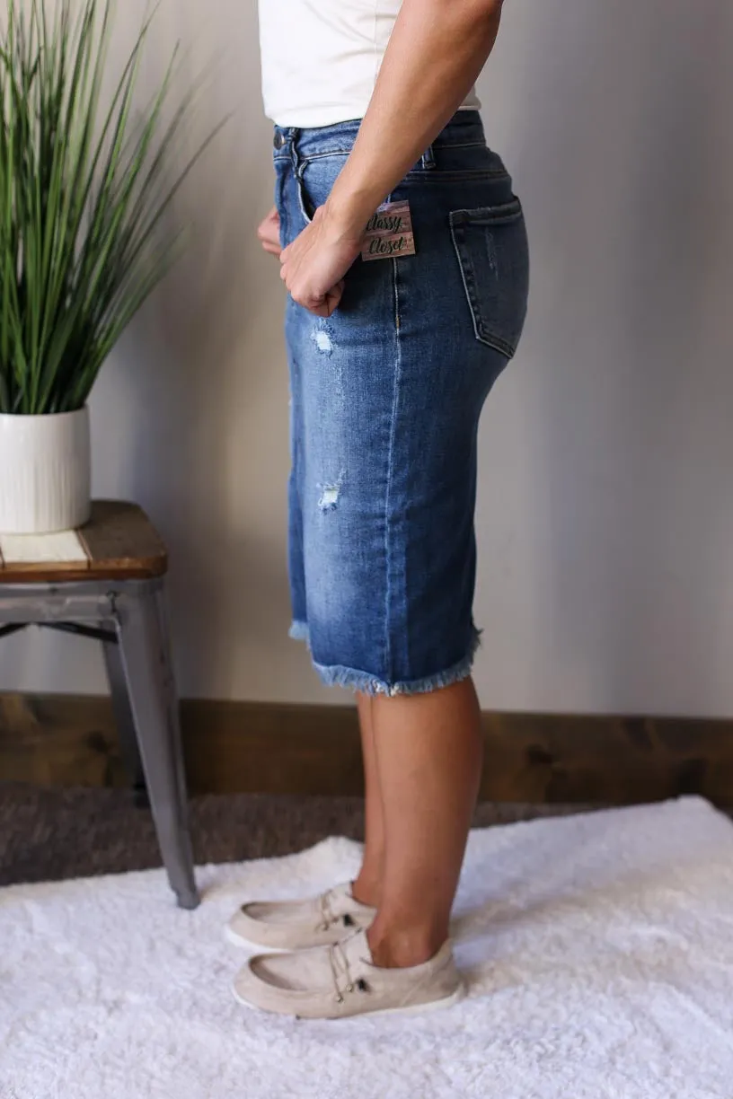 Distressed Stretch Dark RISEN Denim Skirt