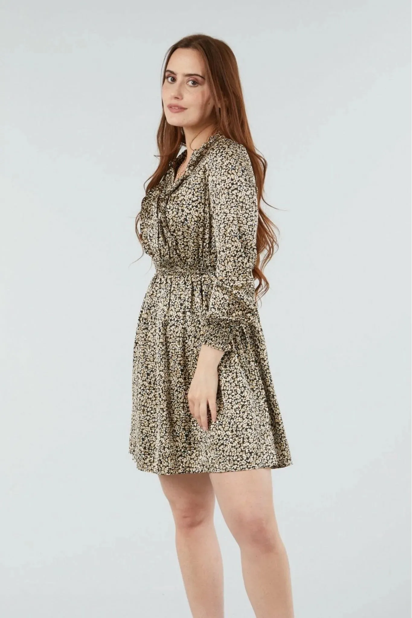 Double Second Beige Print Frill Detail Button Front Dress