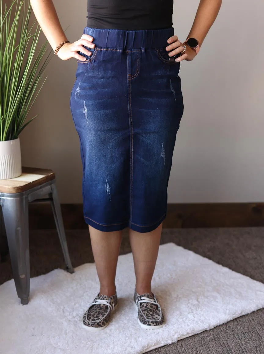 Elastic Waist Distressed Ruched Stretch Denim Skirt