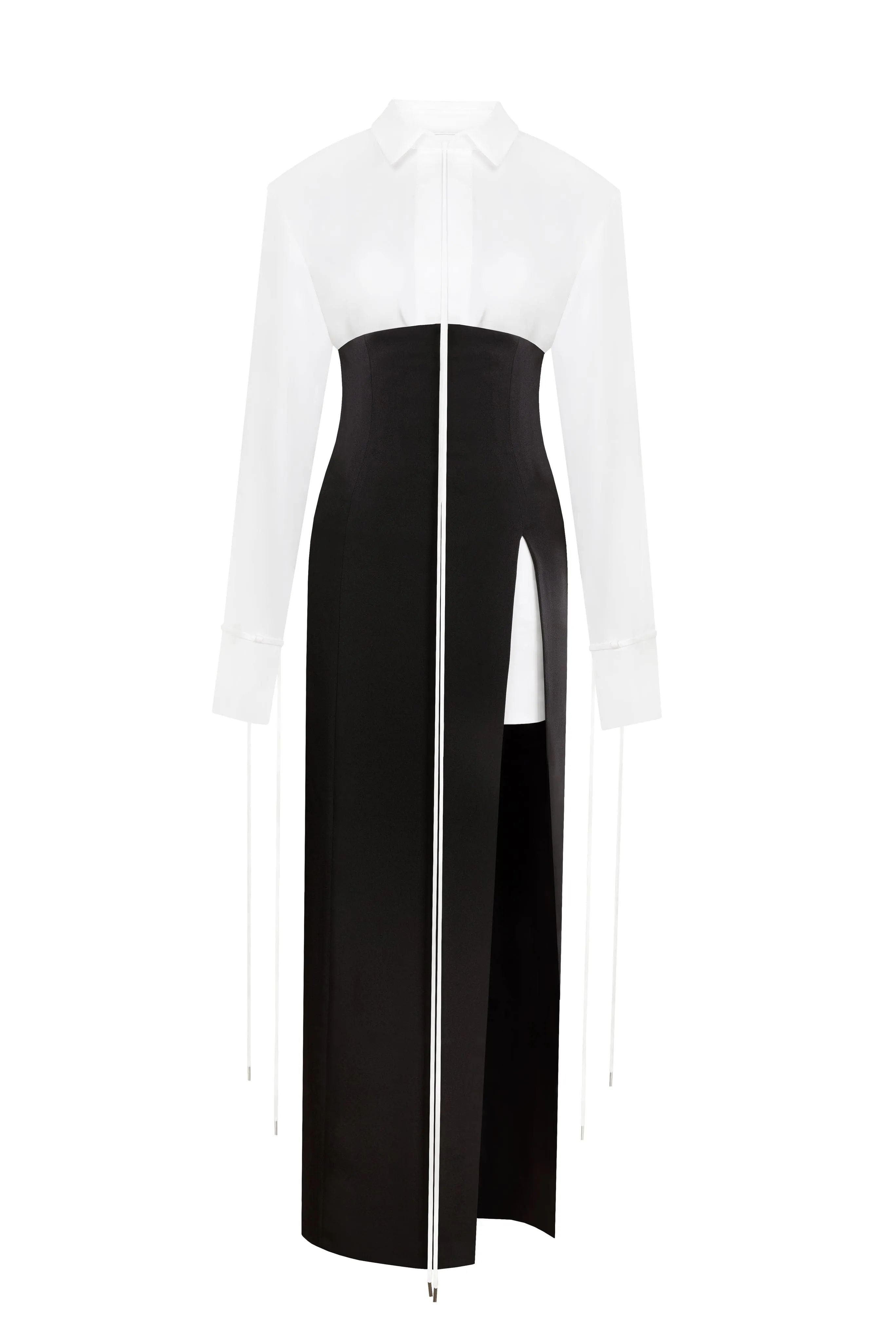 Elegant 3-piece set with white silk blouse, white mini skirt, and black crepe maxi skirt, Xo Xo