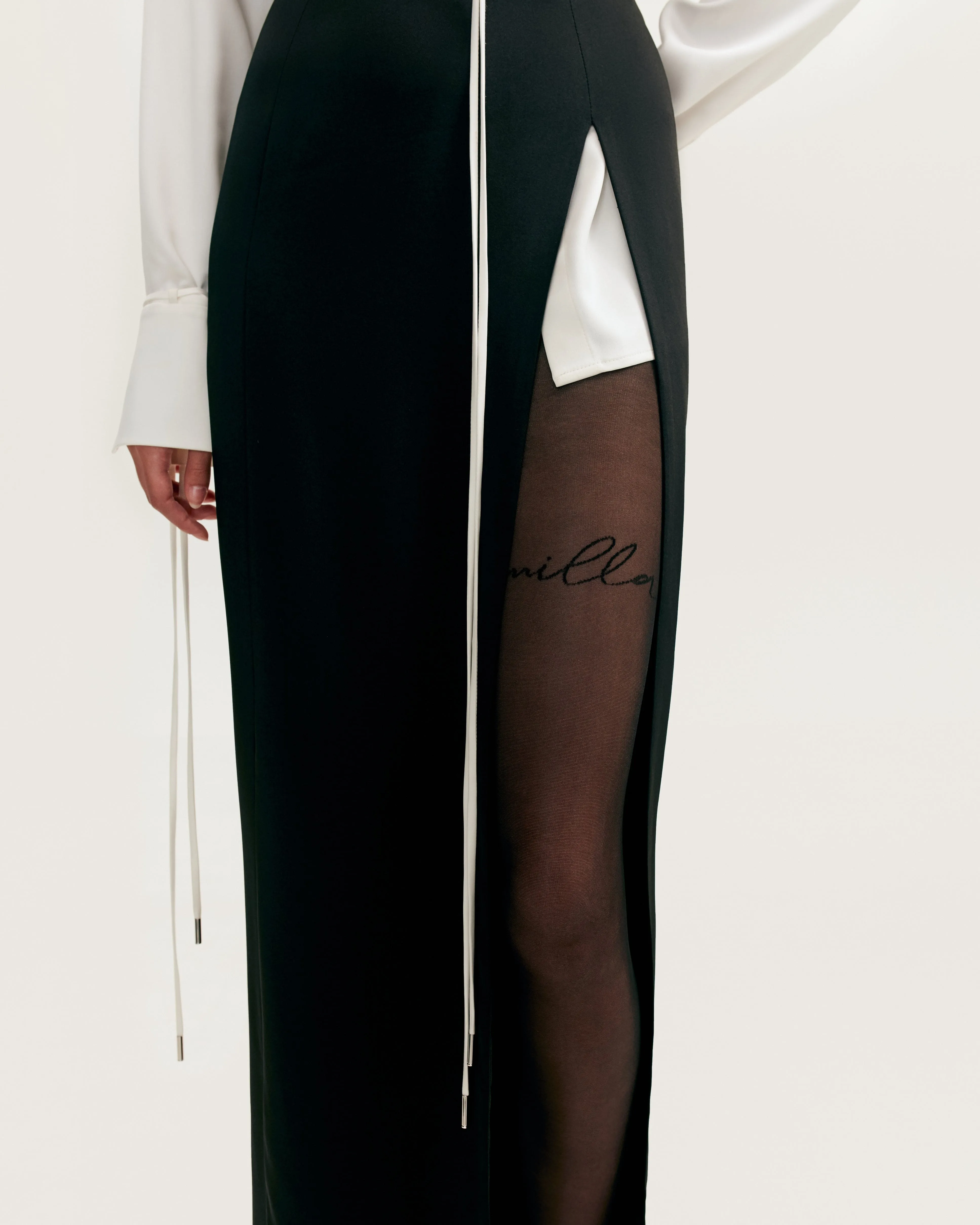 Elegant 3-piece set with white silk blouse, white mini skirt, and black crepe maxi skirt, Xo Xo