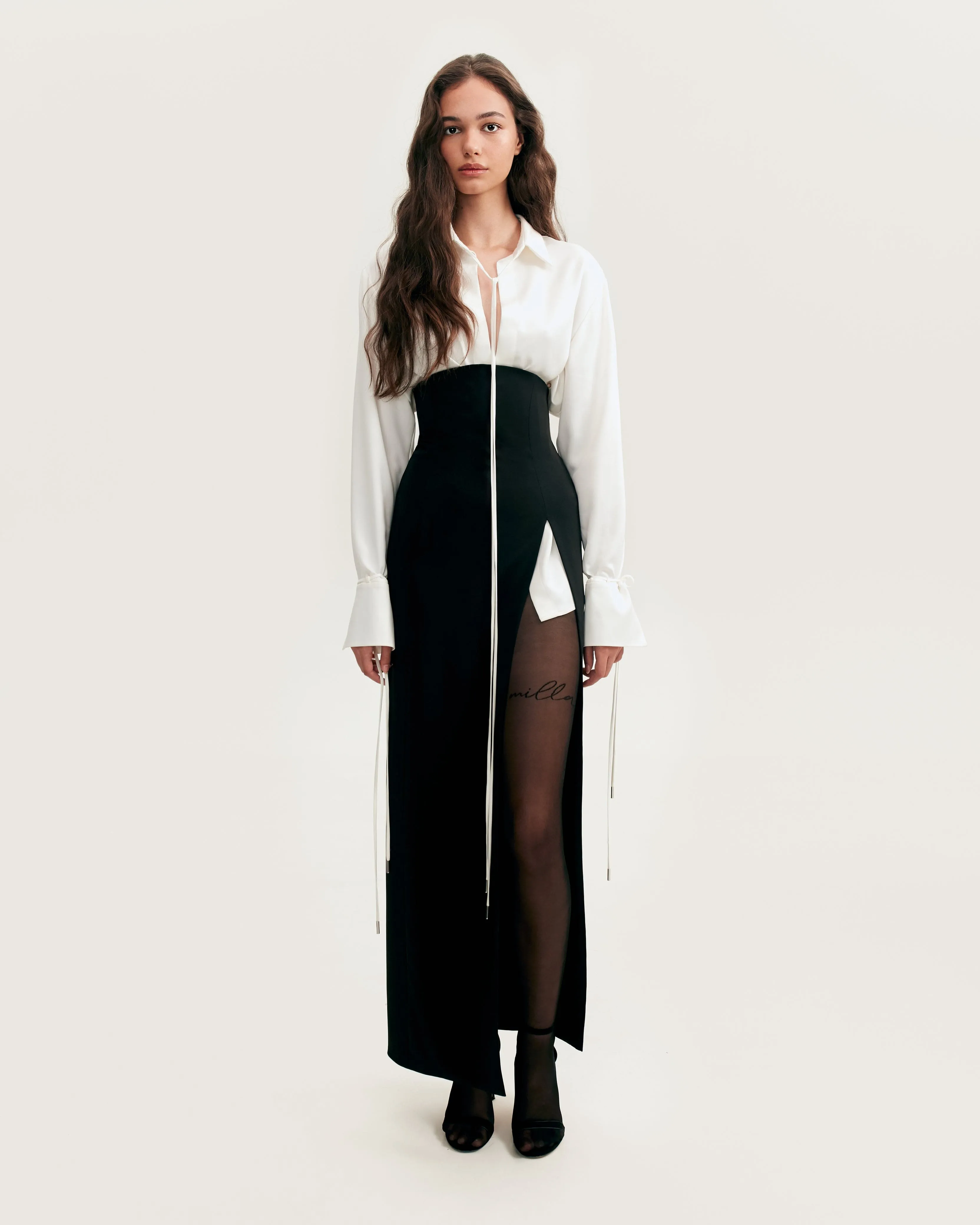 Elegant 3-piece set with white silk blouse, white mini skirt, and black crepe maxi skirt, Xo Xo