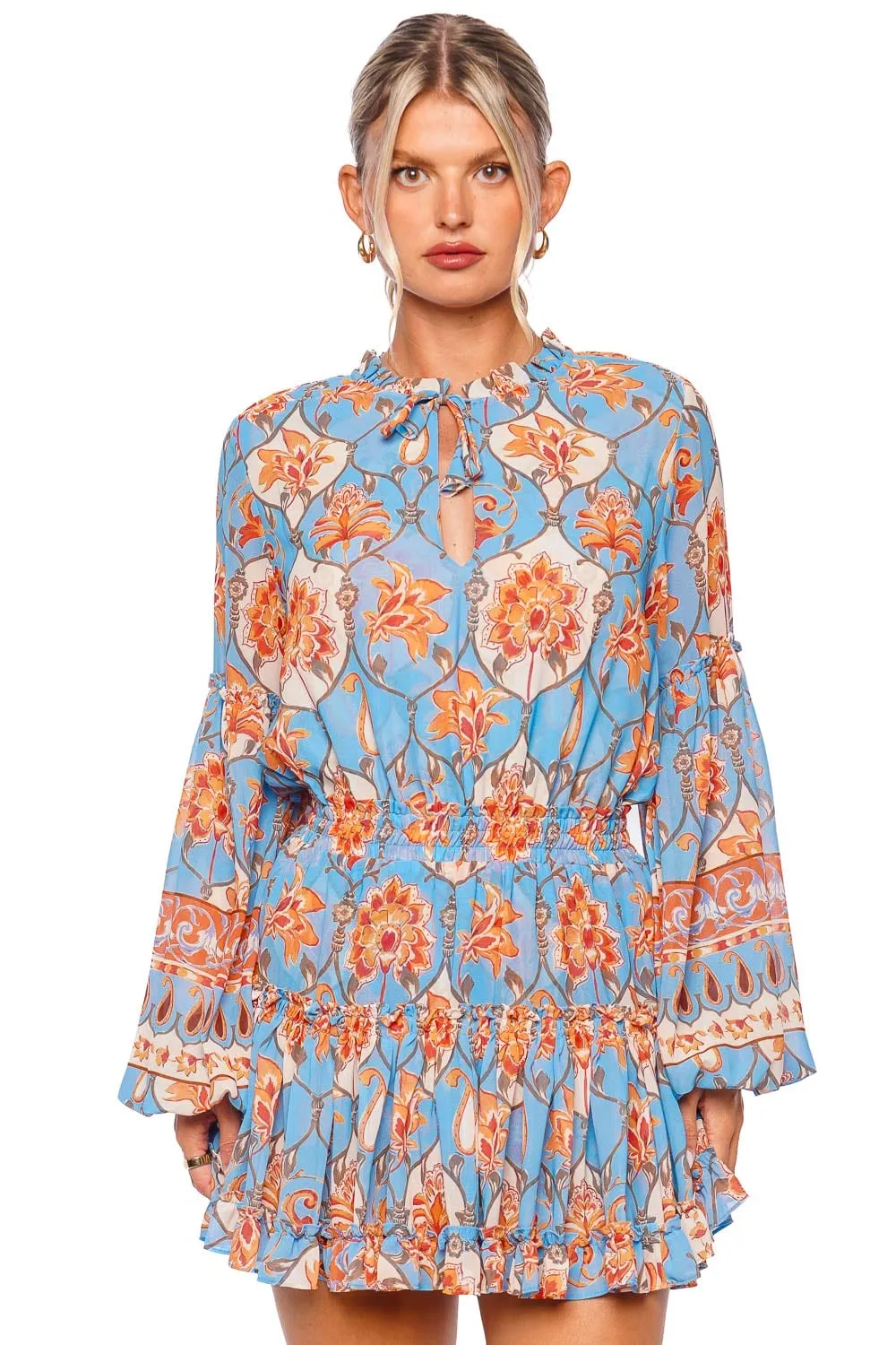 Elisabetta Caged Floral Long Sleeve Mini Dress