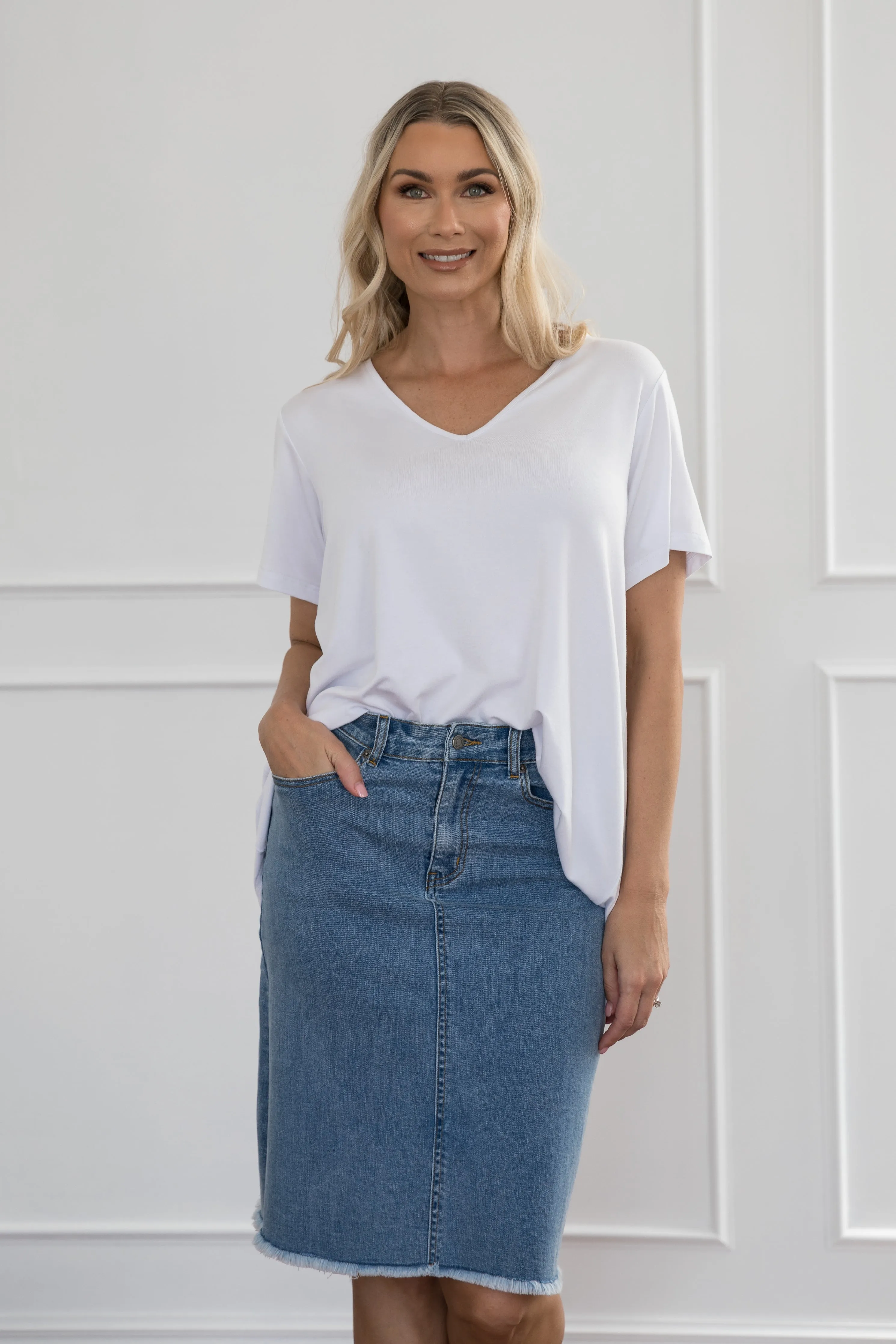 Frayed Denim Skirt in Mid Wash