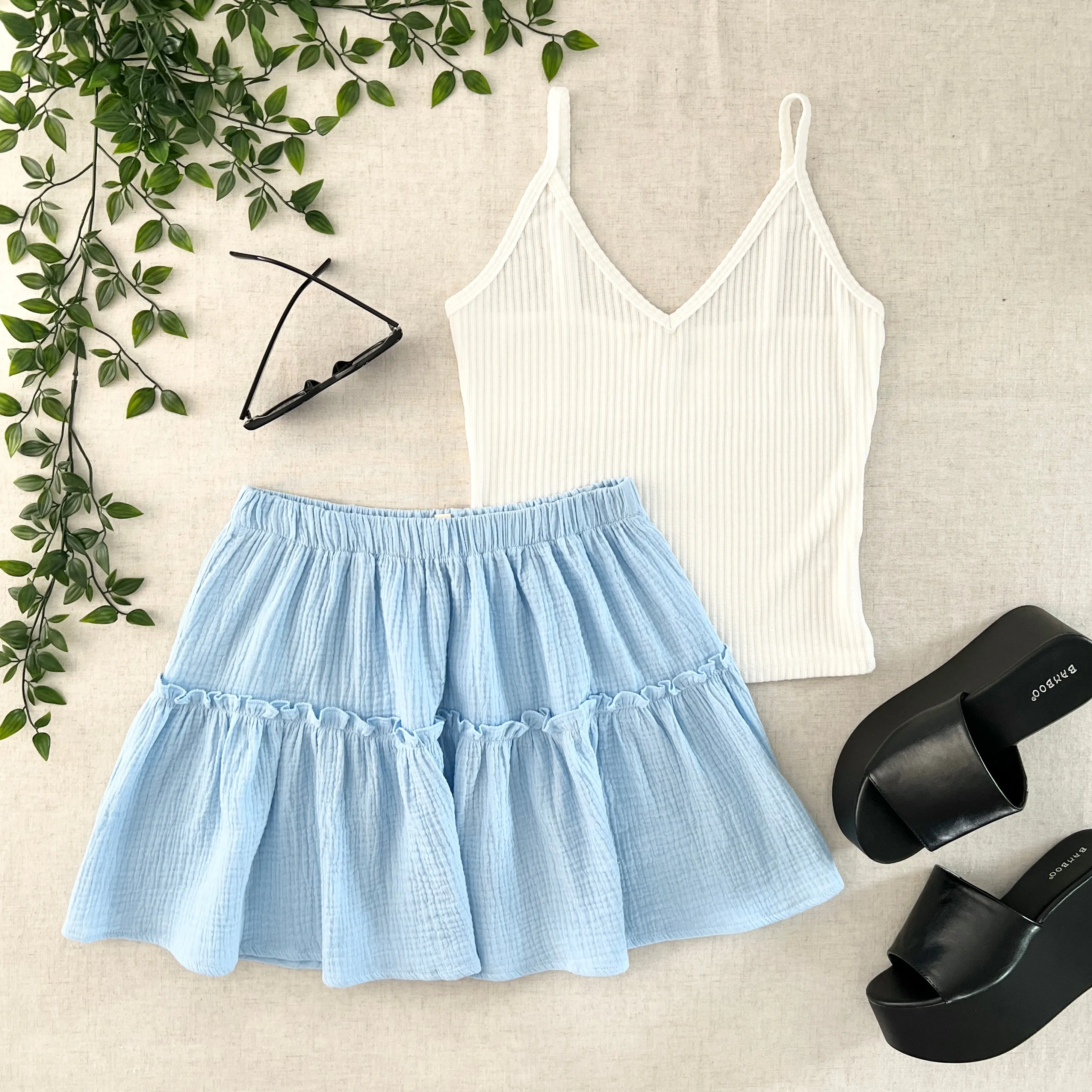 Gauze Tier Mini Skirt - Baby Blue