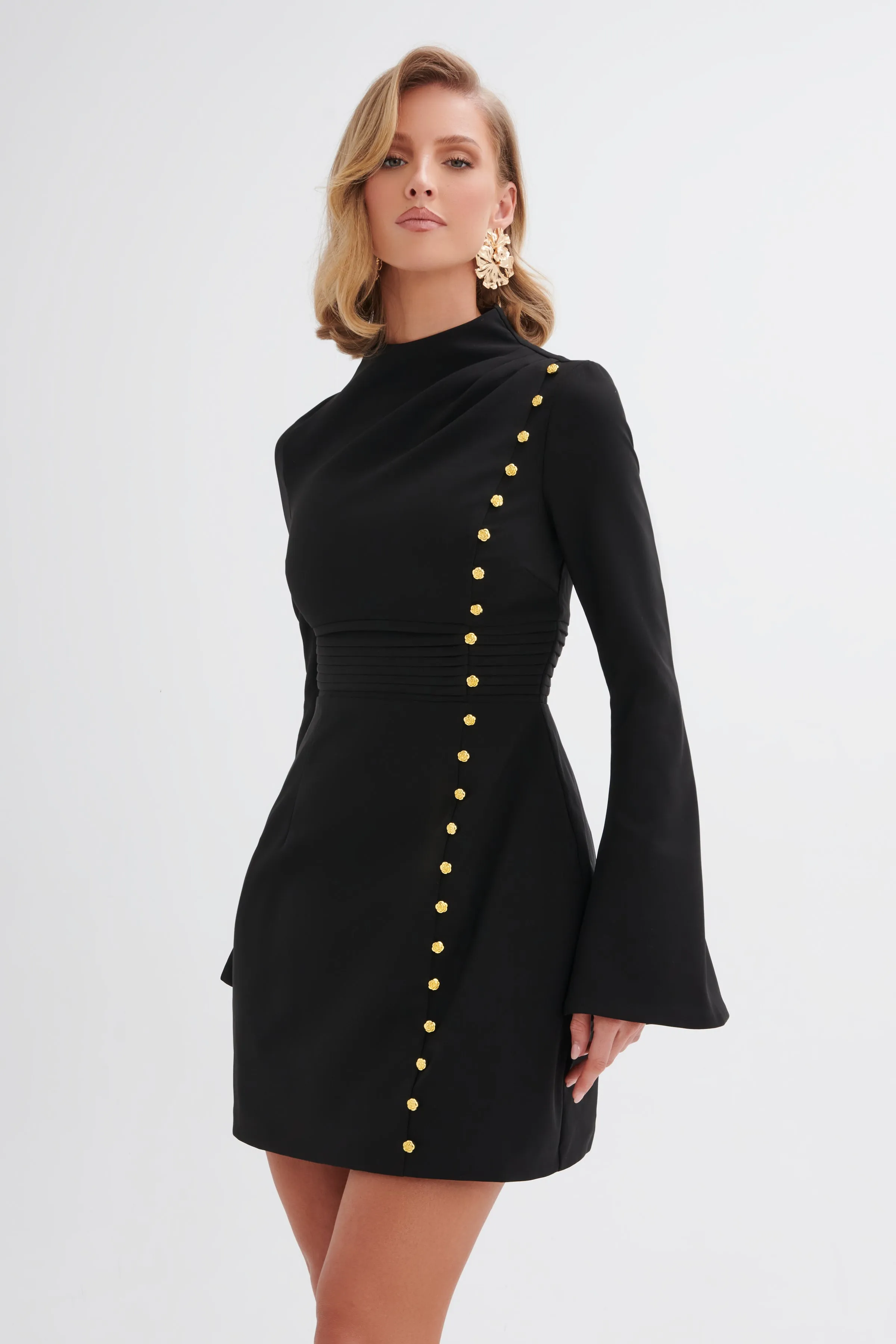 GEMMA High Neck Rose Button Long Sleeve Mini Dress in Black