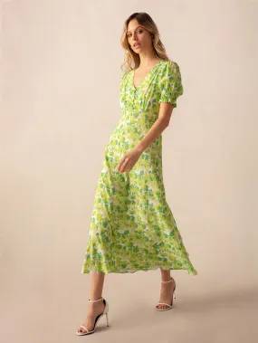 Green Botanical Floral Print Shirred Cuff Midi Dress