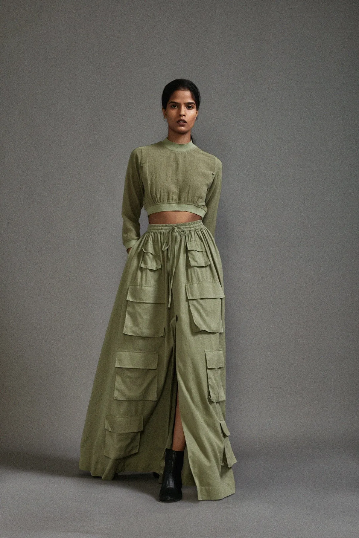 Green Crop Top and Cargo Skirt Set