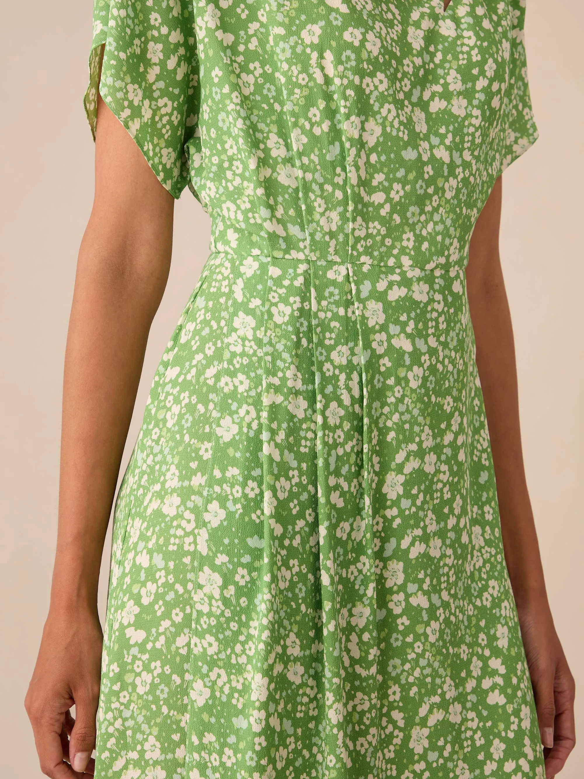 Green Ditsy Print Tuck Waist Midi Dress