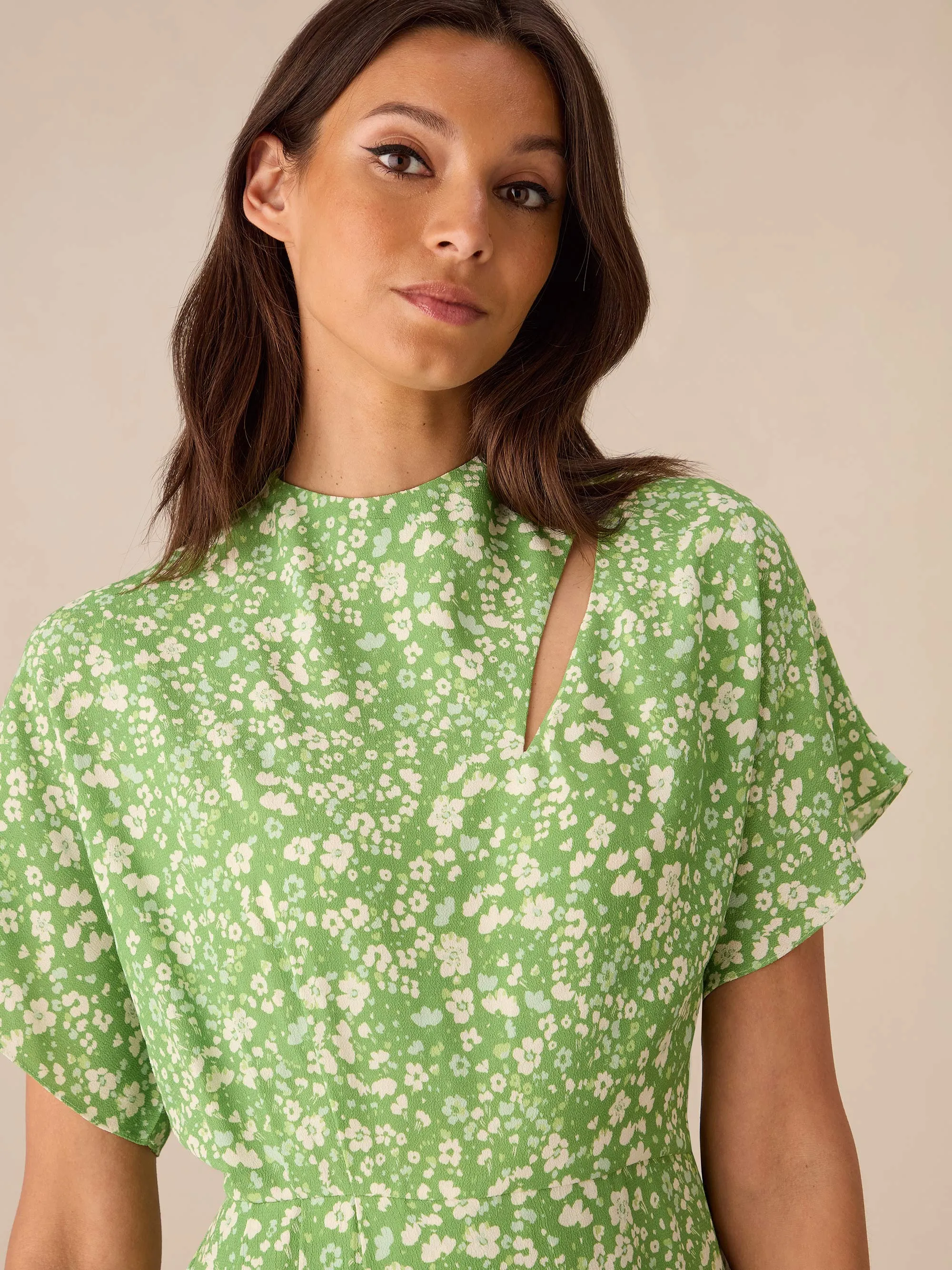 Green Ditsy Print Tuck Waist Midi Dress