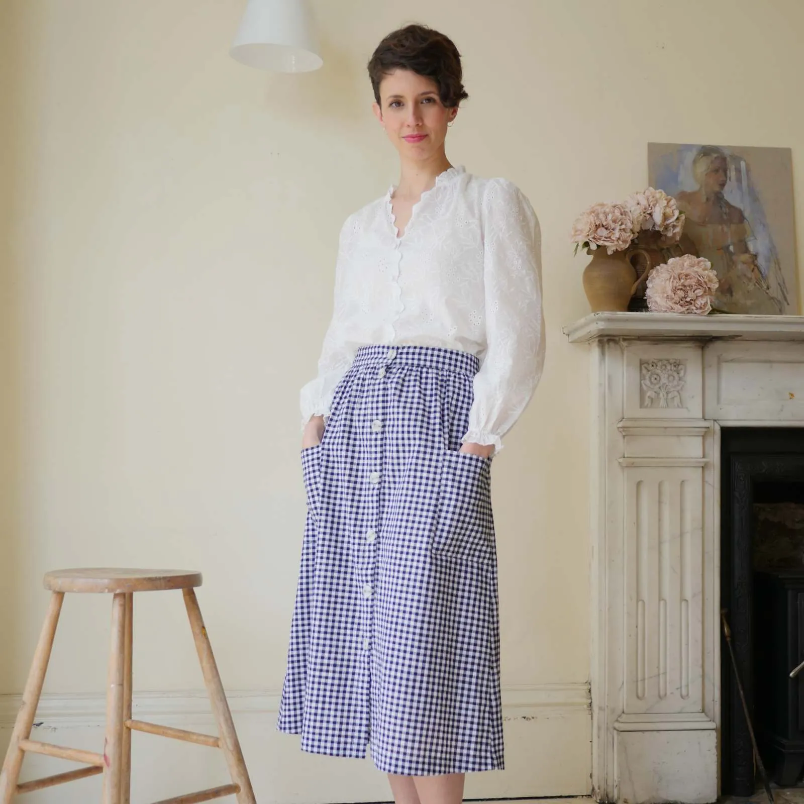 High Waisted Button Skirt - Navy Gingham