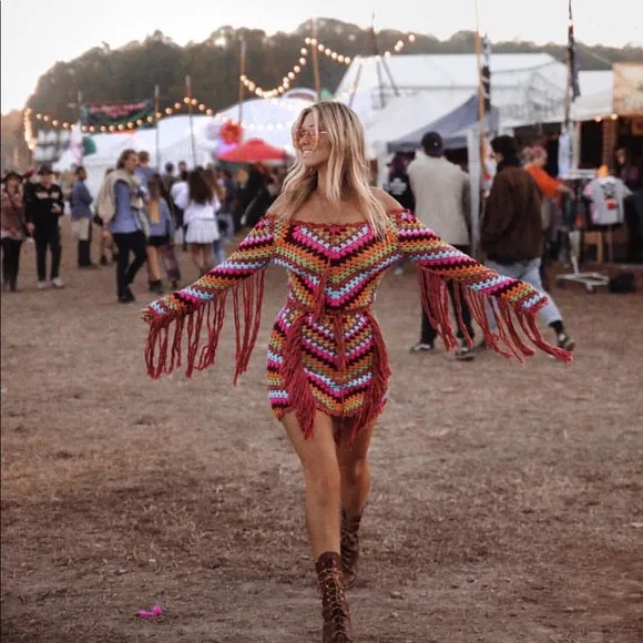 Joni Spell And The Gypsy Set Crochet Crop Top And Skirt Long Fringe Sleeves Multi Rainbow Colored Festival Goddess Size Small / Medium