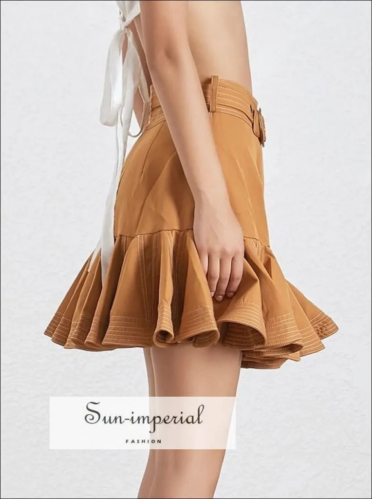 Journey Skirt - a Line Solid Belted Mini Skirt High Waist Ruffles