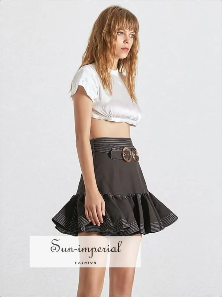 Journey Skirt - a Line Solid Belted Mini Skirt High Waist Ruffles