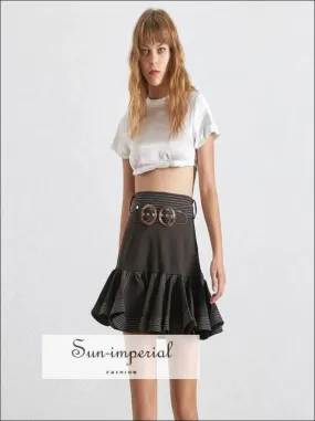 Journey Skirt - a Line Solid Belted Mini Skirt High Waist Ruffles