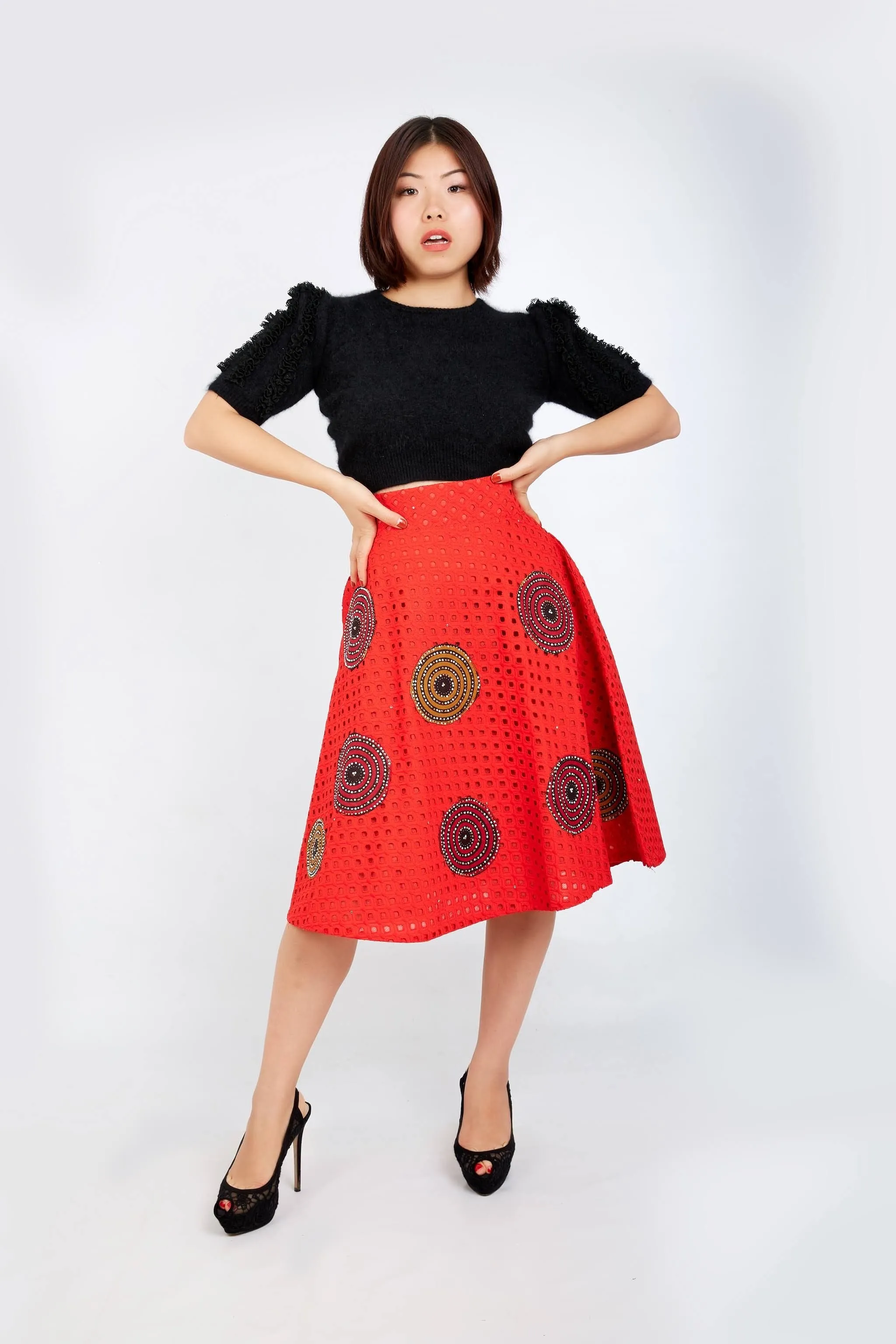 Kamara Lace Ankara Combo Embellished Flare Skirt - Red