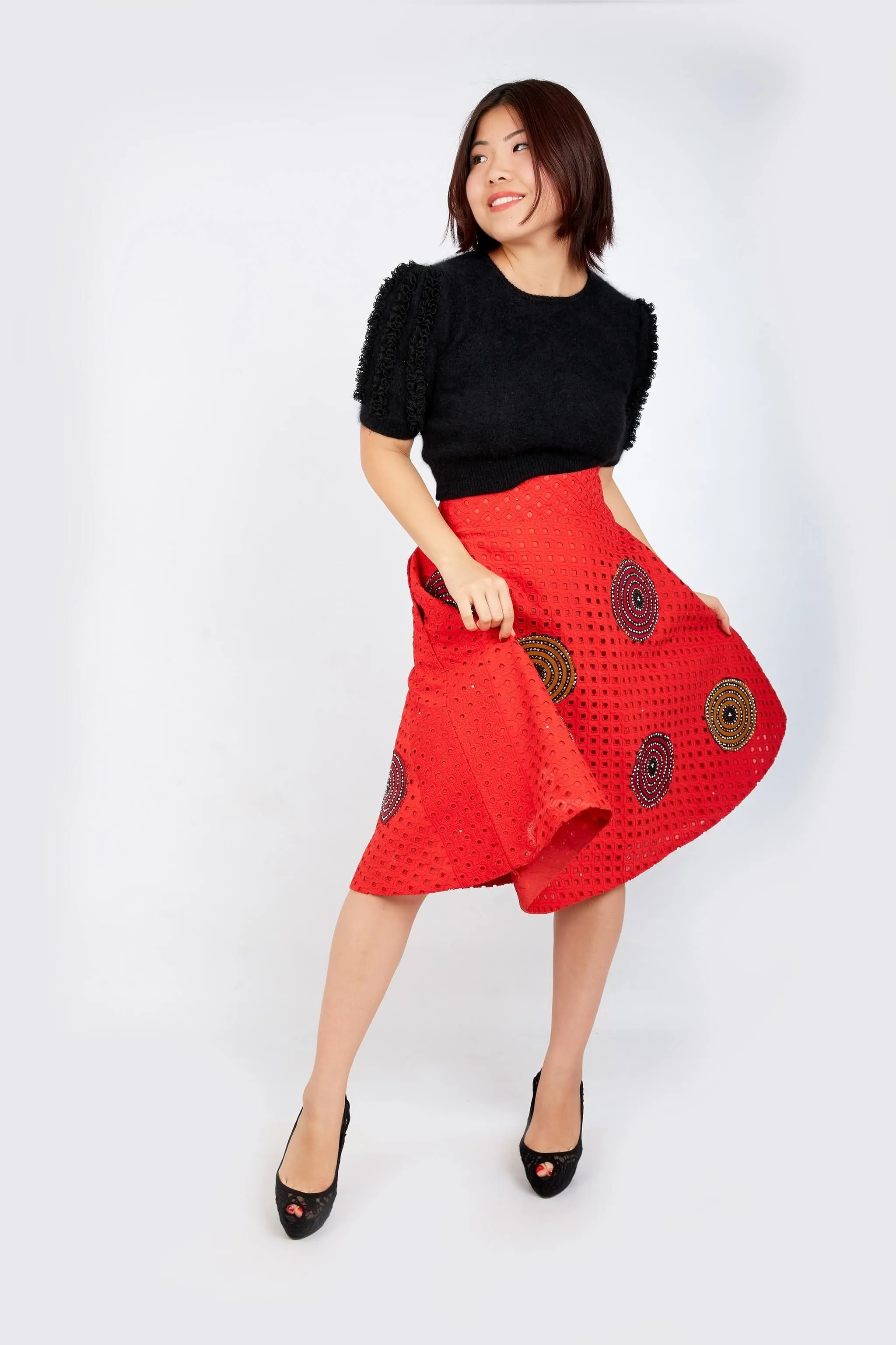 Kamara Lace Ankara Combo Embellished Flare Skirt - Red