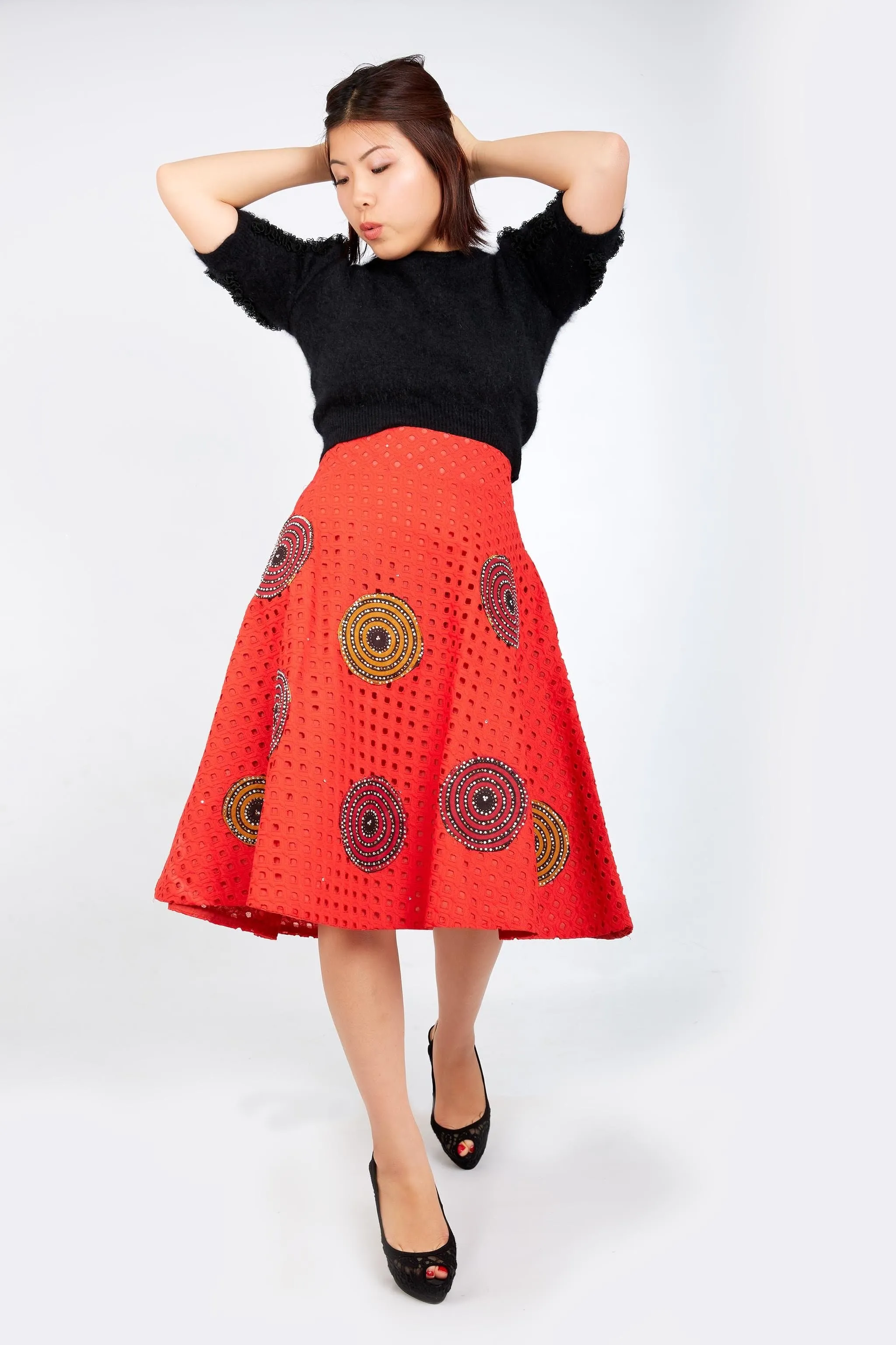 Kamara Lace Ankara Combo Embellished Flare Skirt - Red