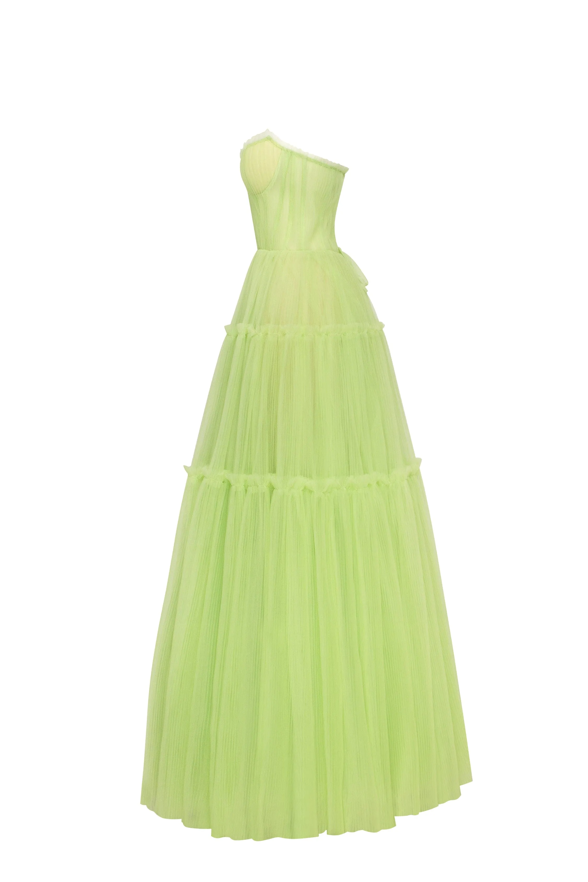 Light green tulle maxi dress with ruffled skirt, Garden of Eden