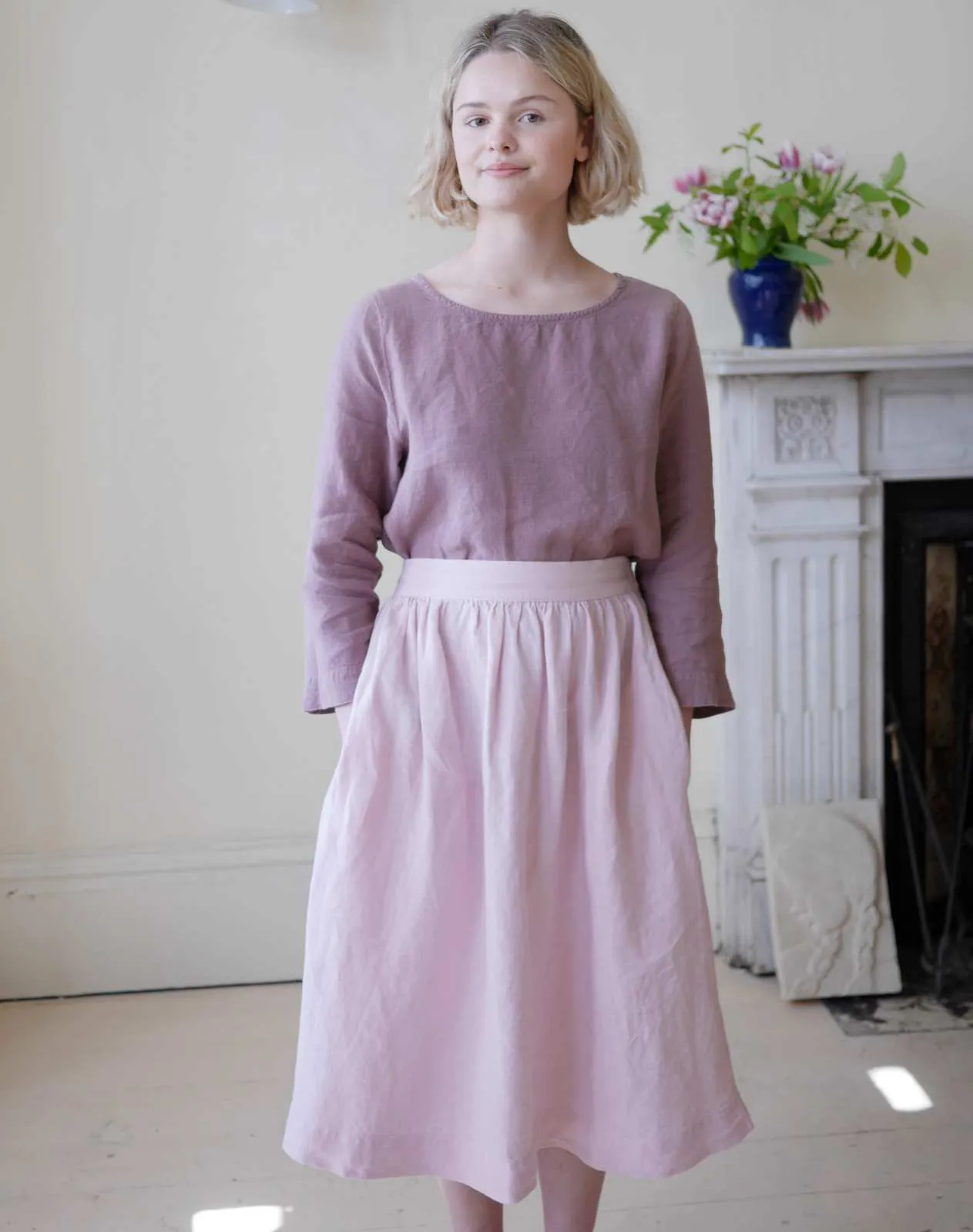 Linen High Waisted Skirt - Pale Rose