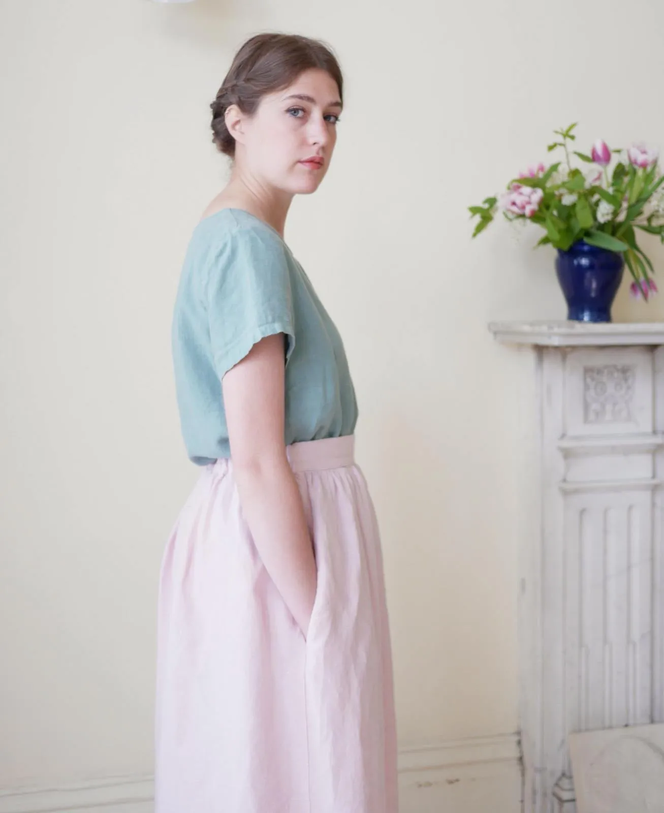 Linen High Waisted Skirt - Pale Rose