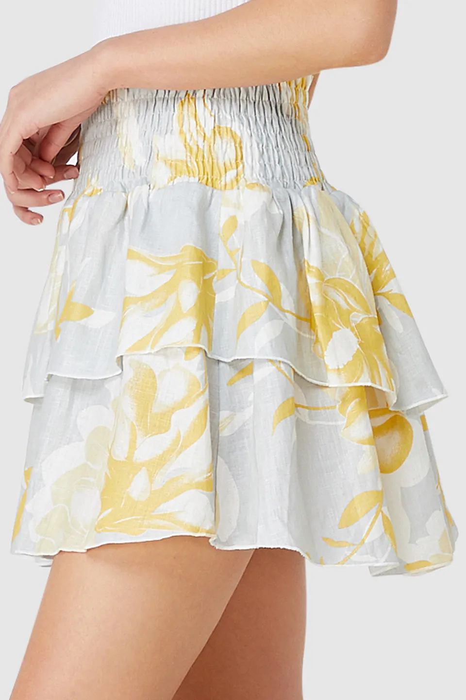 Lola Shirred Ruffle Grey with Yellow Floral Mini Skirt