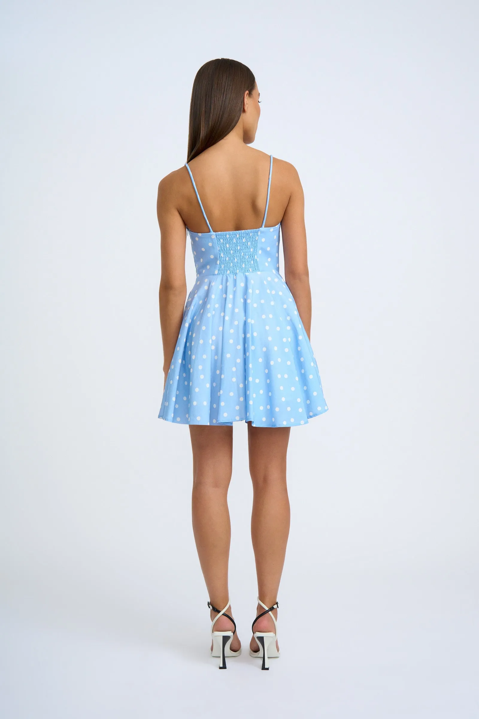 Mira Polka Gathered Mini Dress | Final Sale -Sea Blue Ivory