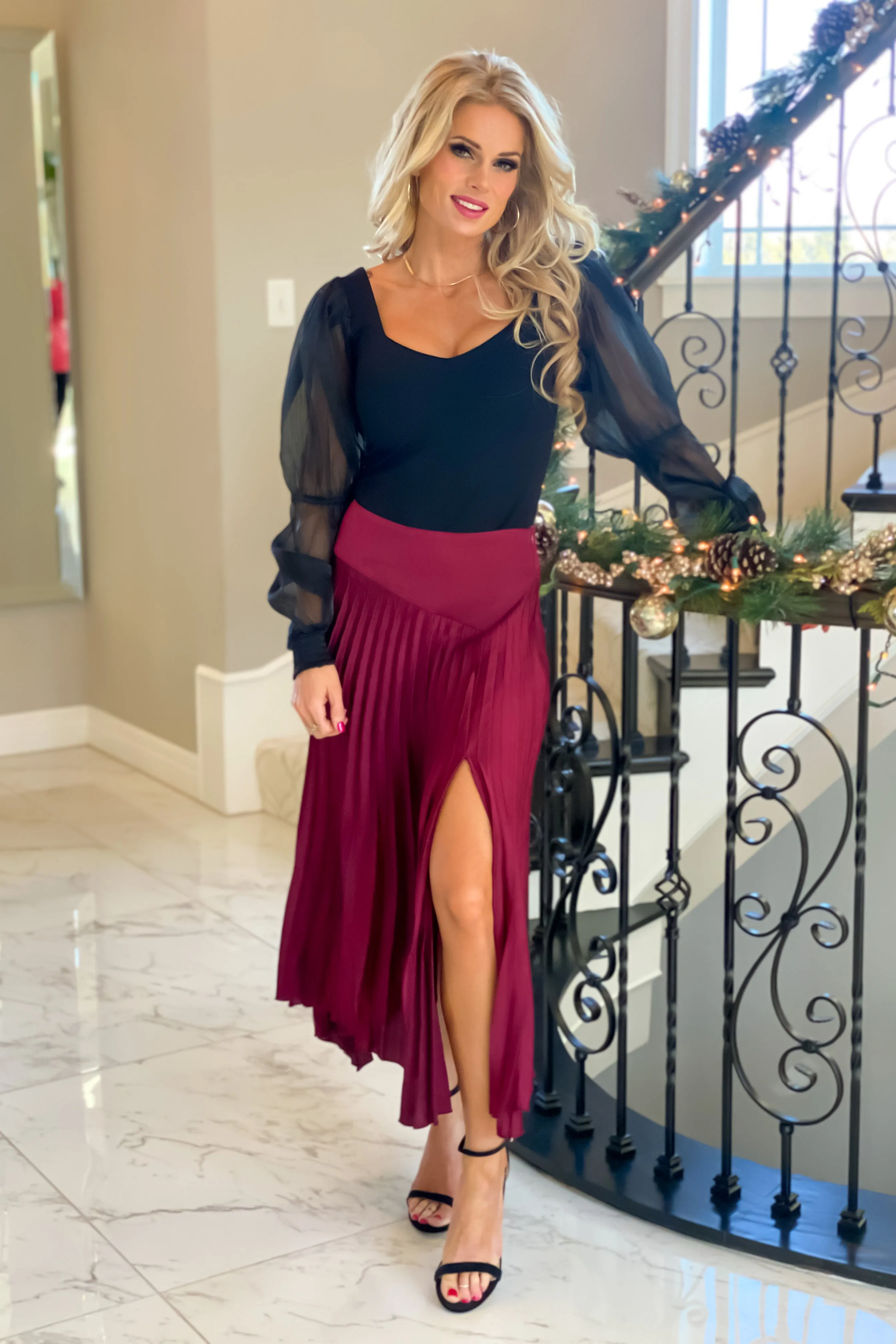 Nothing Compares Satin Pleated Midi Skirt : Wine