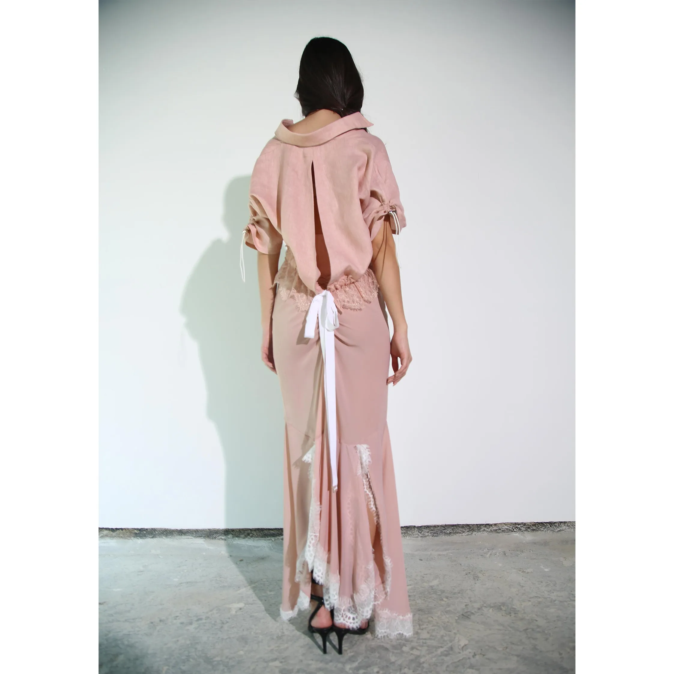 Nude Chiffon Silk with White Lace Skirt