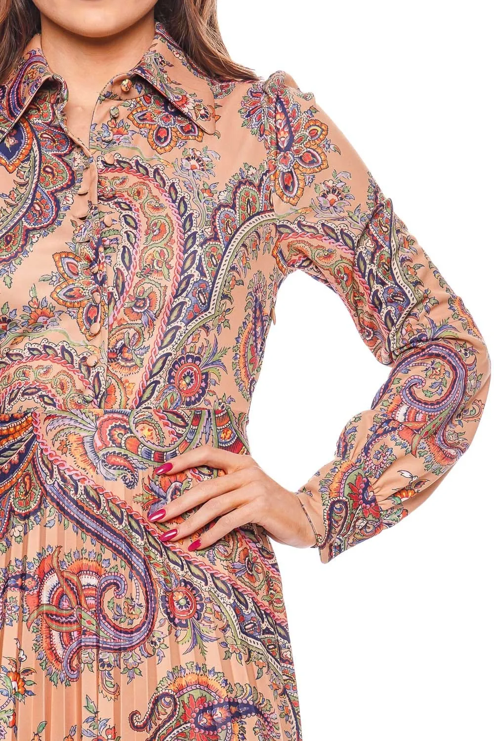 Paisley Pleated Midi Shirt Dress