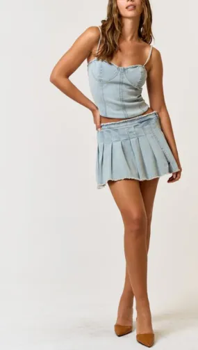 Pleated denim mini skirt