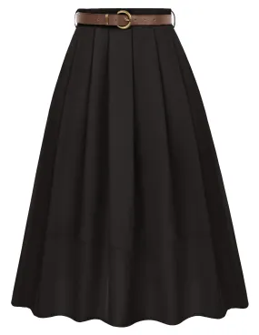 Pleated Swing Skirt with Belt Elastic High Waist A-Line Midi Skirt