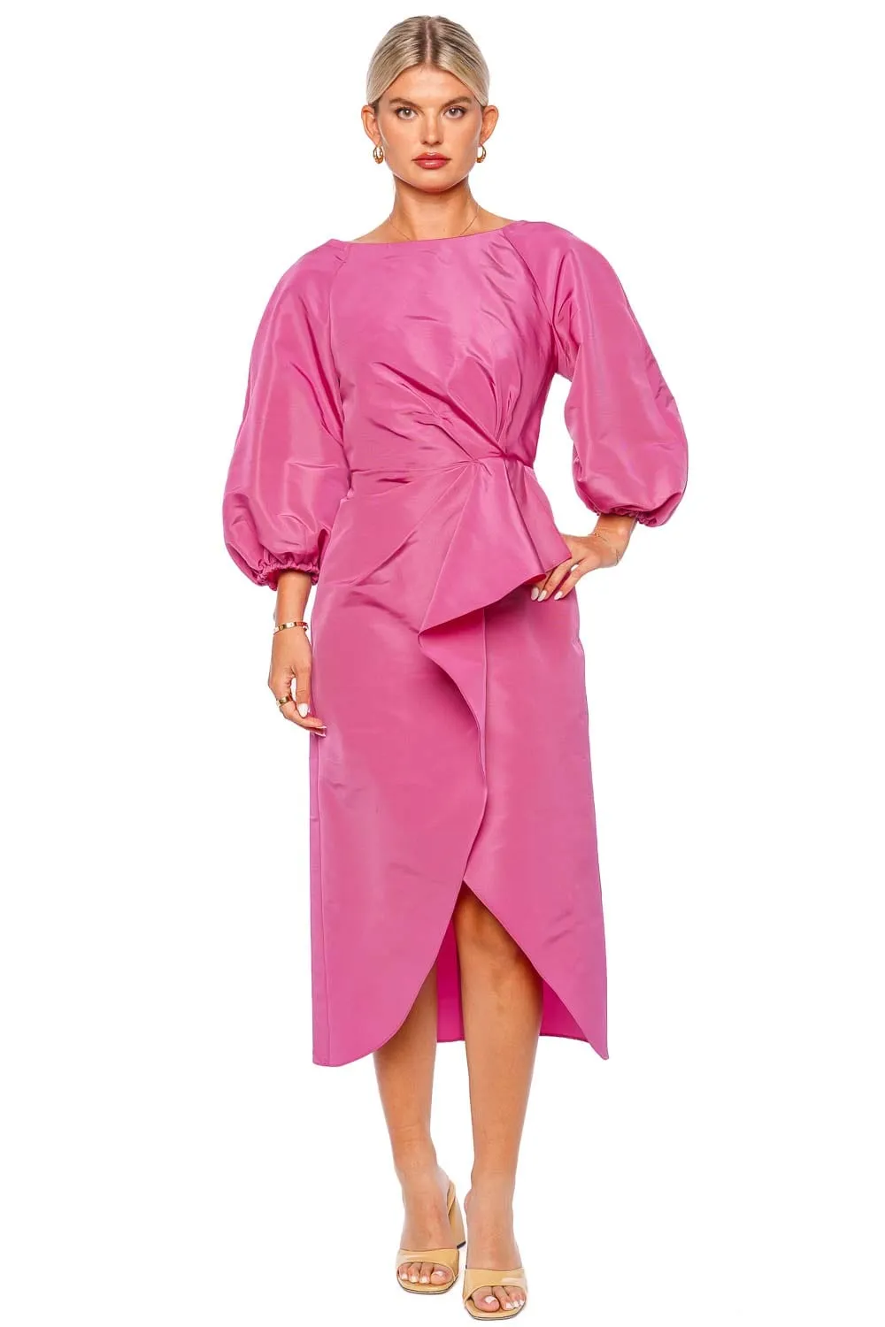 Puff Sleeve Silk Midi Sarong Dress