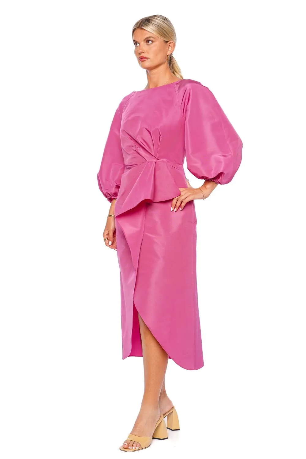 Puff Sleeve Silk Midi Sarong Dress