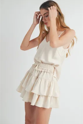 Rachel Satin Cami and Ruffle Tiered Mini Skirt Set (Sold Separately) - Cream