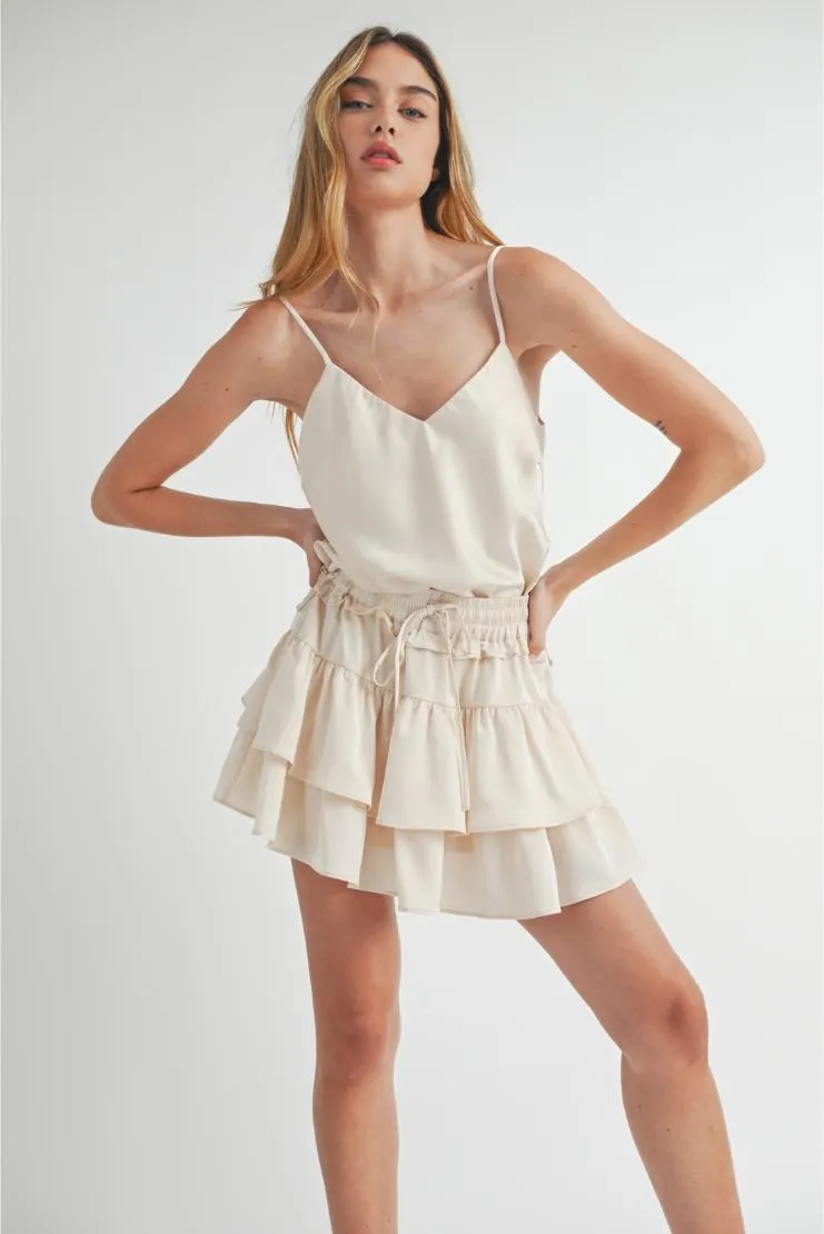 Rachel Satin Cami and Ruffle Tiered Mini Skirt Set (Sold Separately) - Cream