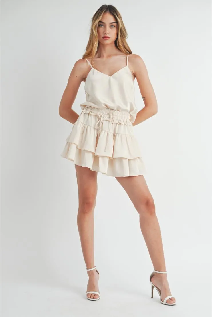 Rachel Satin Cami and Ruffle Tiered Mini Skirt Set (Sold Separately) - Cream