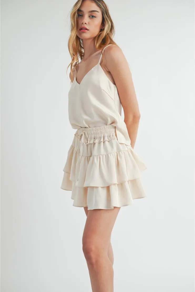 Rachel Satin Cami and Ruffle Tiered Mini Skirt Set (Sold Separately) - Cream