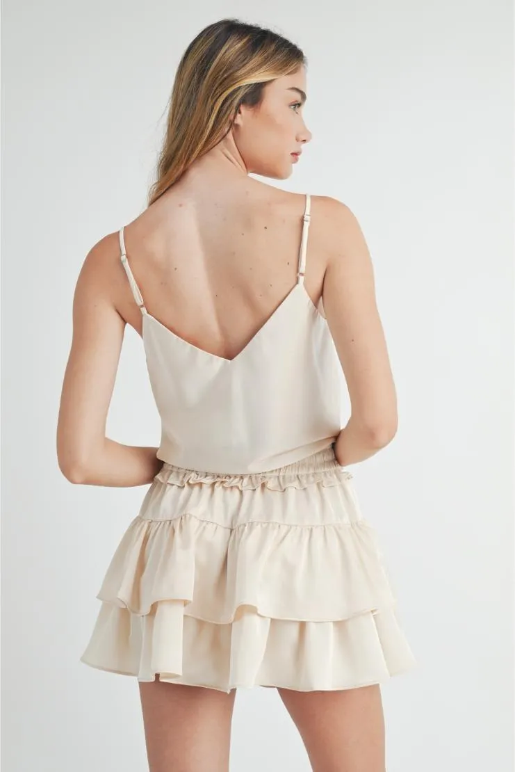 Rachel Satin Cami and Ruffle Tiered Mini Skirt Set (Sold Separately) - Cream