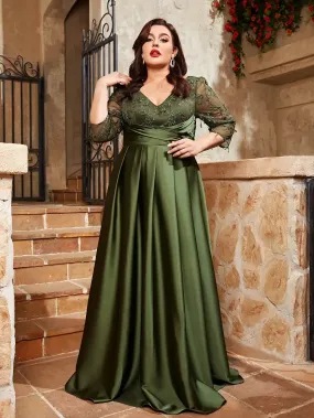 Sage Green Plus Size Satin Lace Embroidery Party Dress