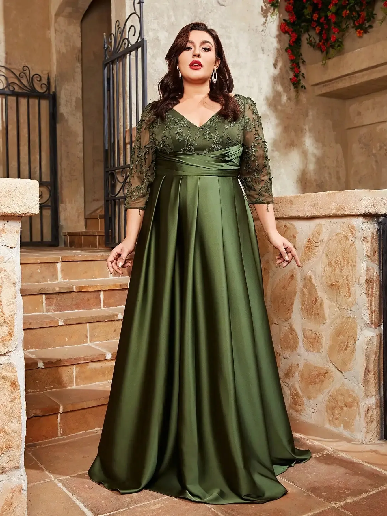 Sage Green Plus Size Satin Lace Embroidery Party Dress