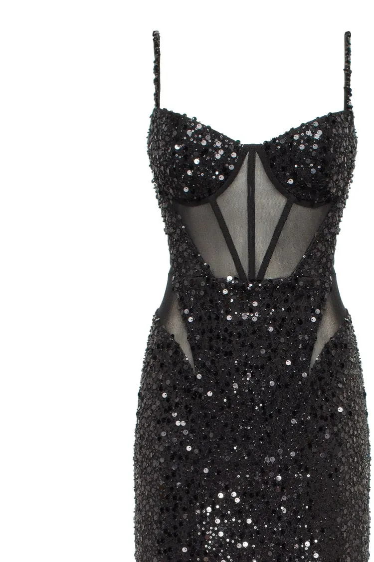 Sensational black maxi on spaghetti straps covered in sequins, Smoky Quartz