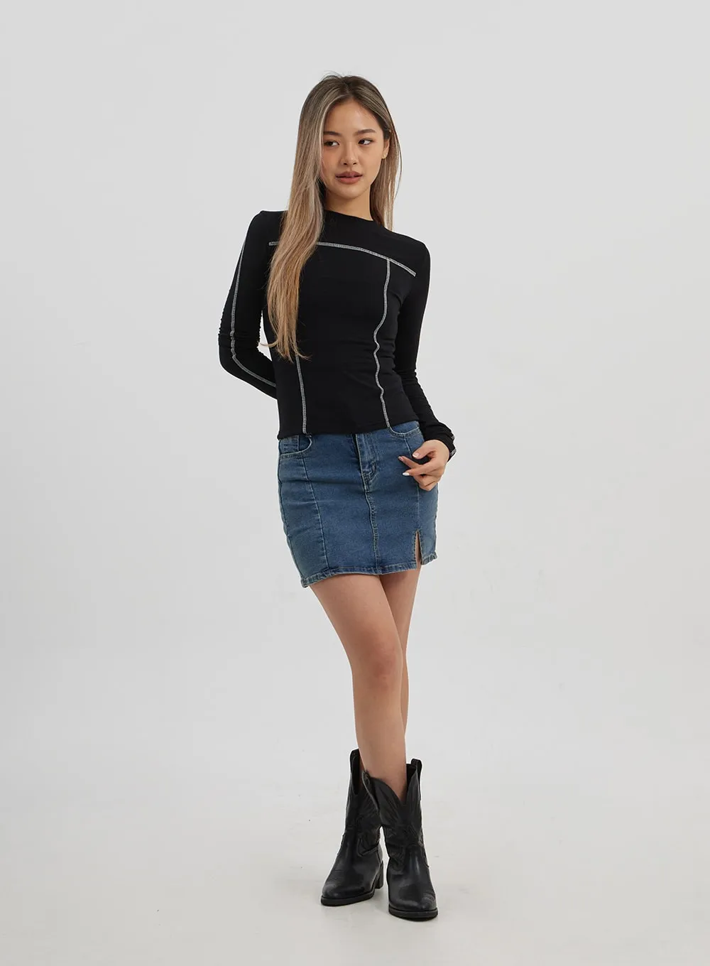 Side Slit Denim Mini Skirt CJ325