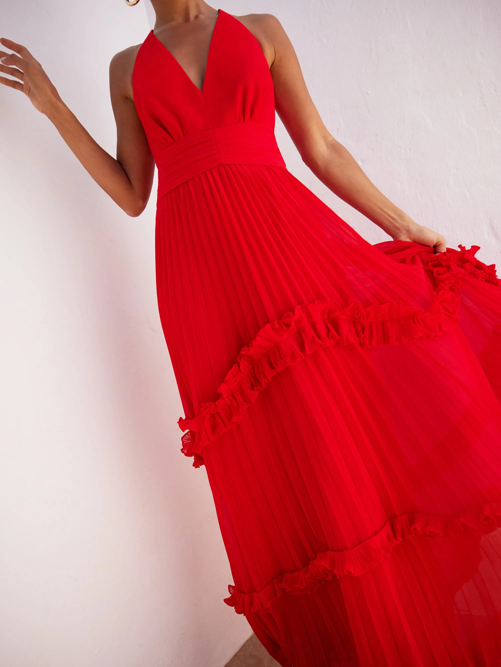 Sienna Red Pleated Frill Maxi Dress