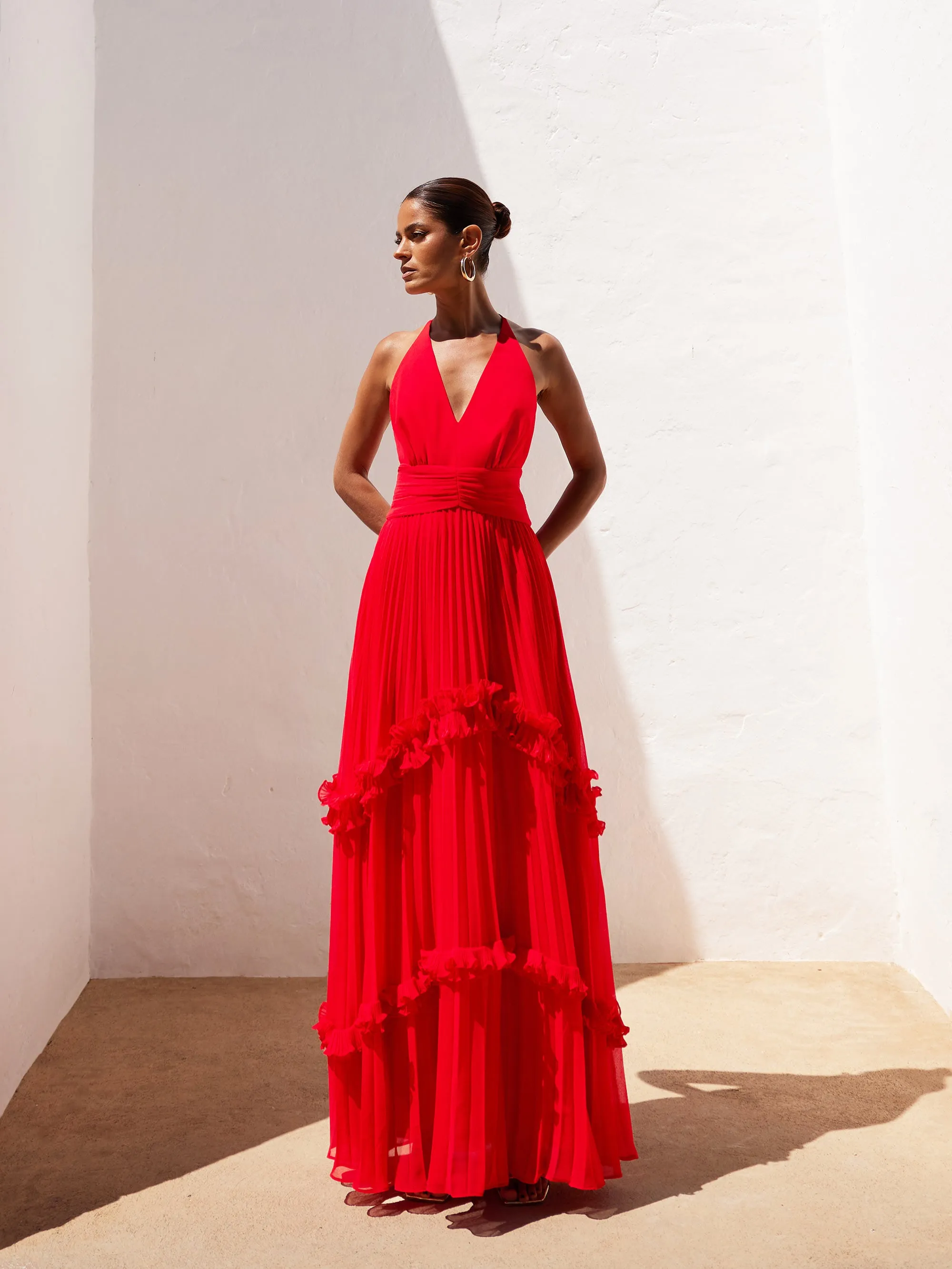 Sienna Red Pleated Frill Maxi Dress