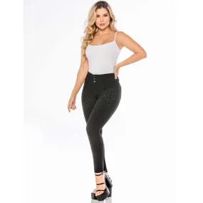 Skinny Black Jean for women - Front rhinestone beading along legs and back pockets - J82328