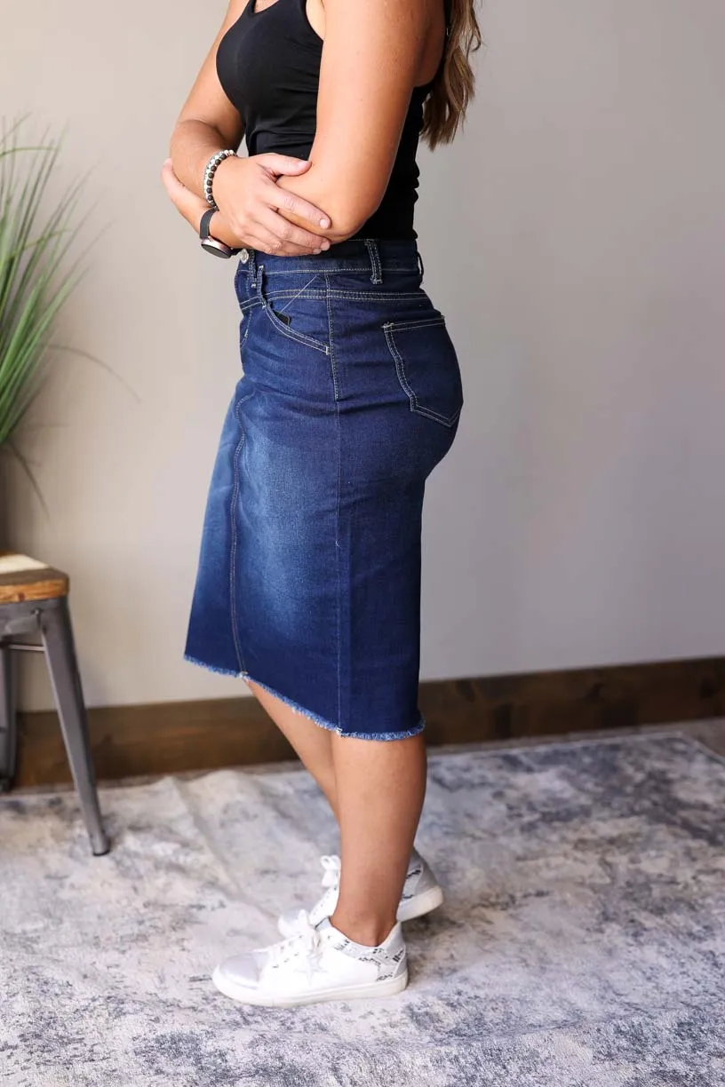 Stylish Sophia Dark Wash Denim Skirt with Waist Detail