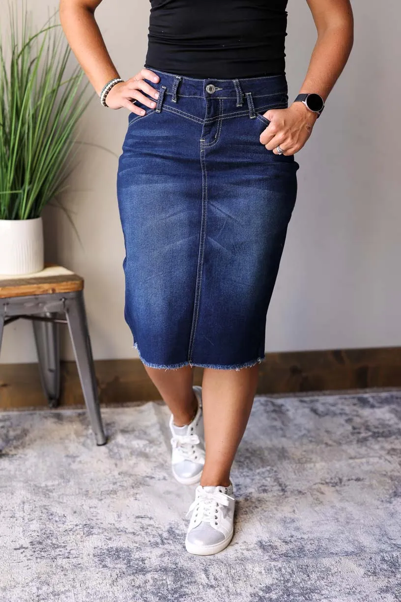 Stylish Sophia Dark Wash Denim Skirt with Waist Detail