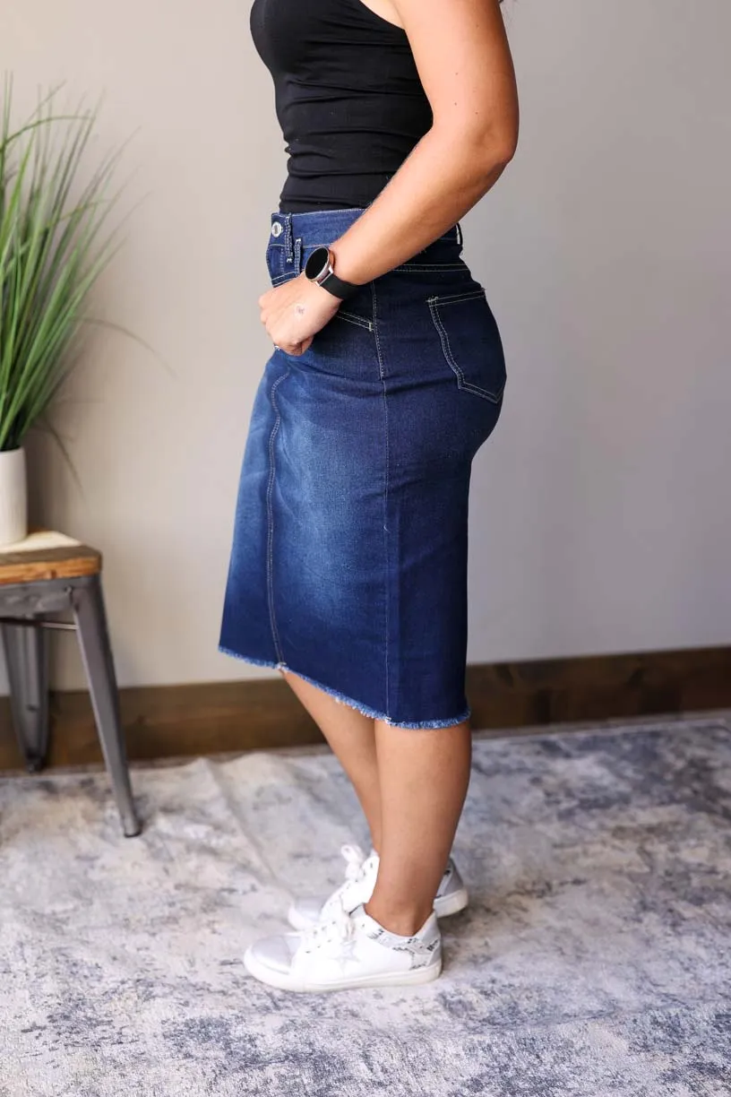 Stylish Sophia Dark Wash Denim Skirt with Waist Detail